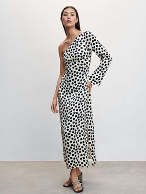 MANGO One Shoulder Polka Dot Maxi Dress Black White Wedding Guest Size 4
